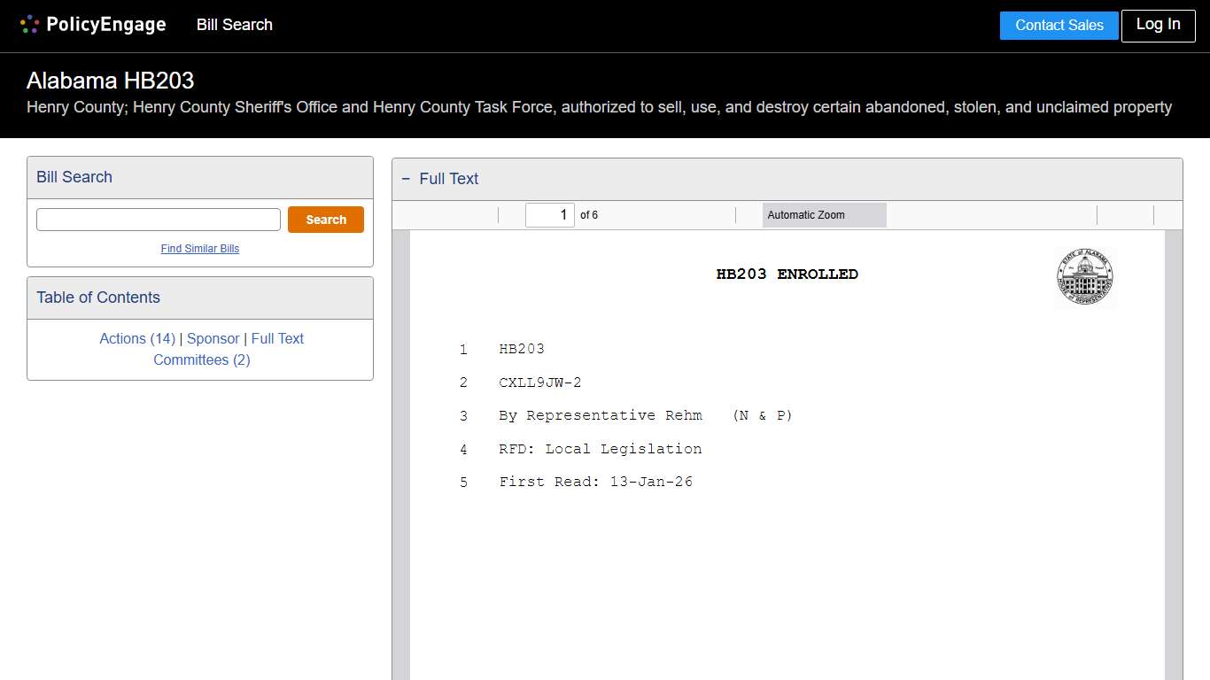 HB203 Alabama 2026 Henry County; Henry County Sheriff's Office and Henry County Task Force, authorized to sell, use, and destroy certain abandoned, stolen, and unclaimed property - Legislative Tracking PolicyEngage