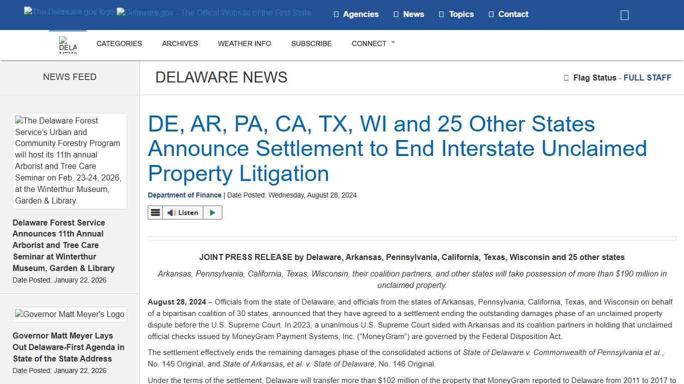 DE, AR, PA, CA, TX, WI and 25 Other States Announce Settlement to End Interstate Unclaimed Property Litigation - State of Delaware News